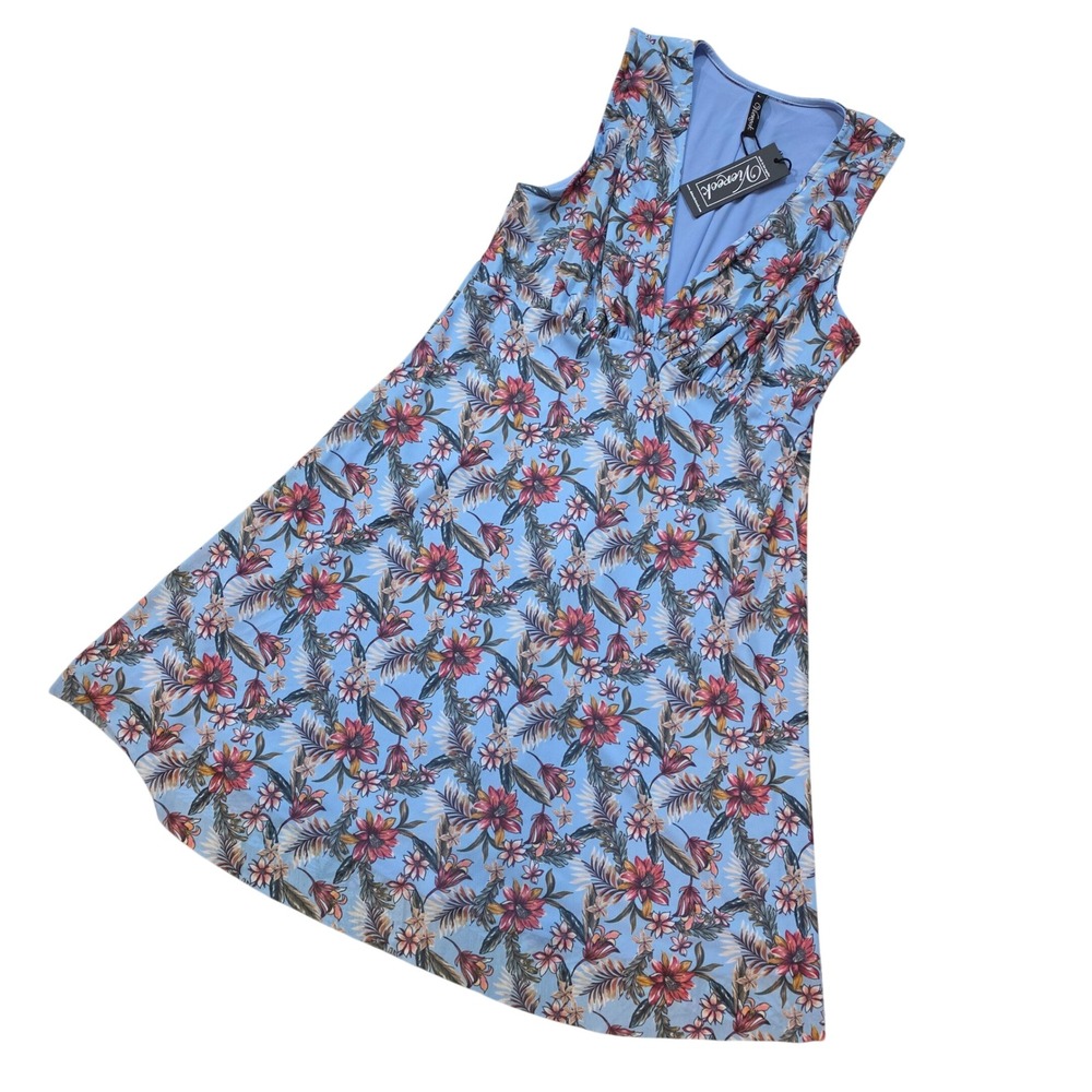 Viereck Mesh Gable Breck Floral Dress Blue Sleeveless V-Neck Midi Womens L NWT